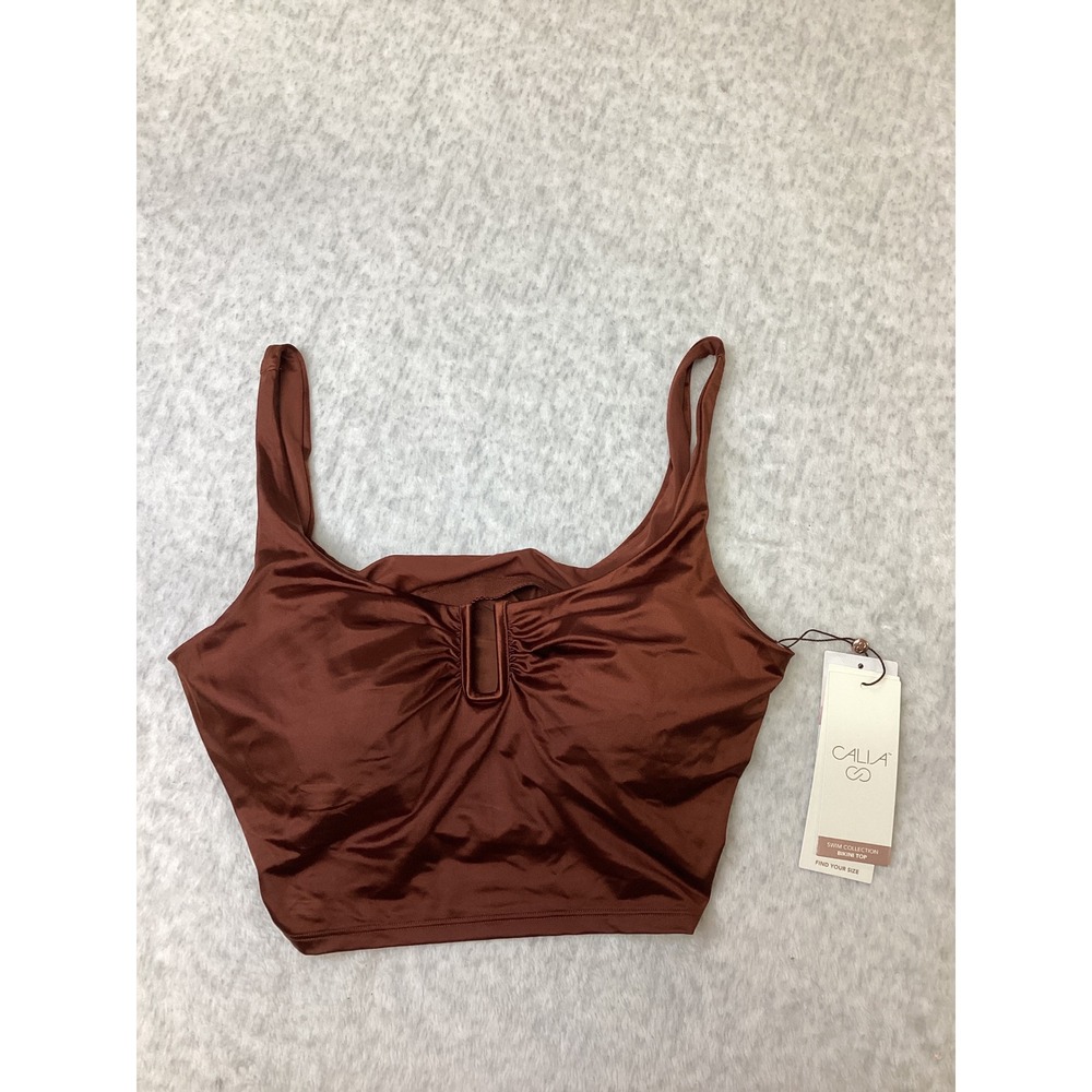 CALIA Ubar Longline Bikini Top Red Brown Shine Ruched U-Bar Medium Support M NEW